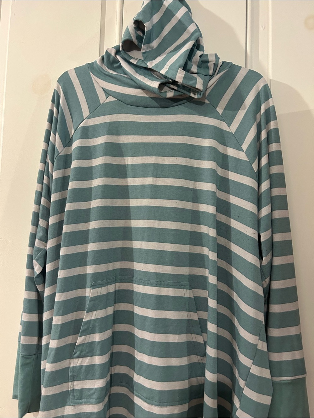 LuLaRoe Striped Hooded Tunic in Mint Green and White